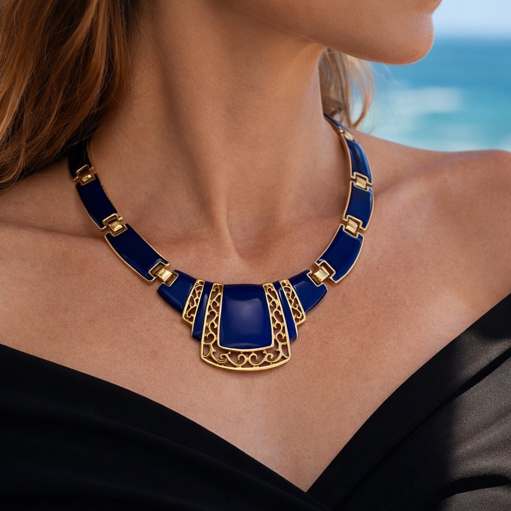 Collar Necklace Vintage Cobalt Blue Enamel Gold Tone Art Deco‎ Statement 18 Inch